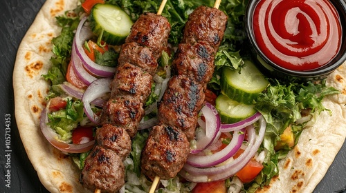 Top view tike kebab on skewers on pita bread with vegetable salad and ketchup