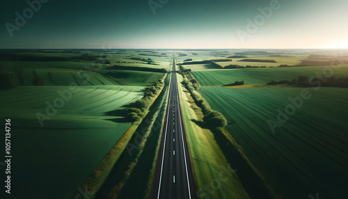 A long road stretches through lush green fields under a clear sky, illuminated by sunlight, creating a serene and inviting landscape.