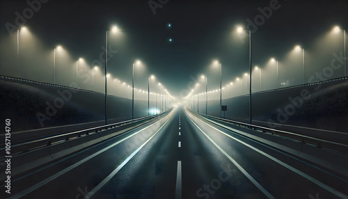 A misty, illuminated road stretches into the distance, lined with street lamps, evoking a sense of mystery and isolation at night.