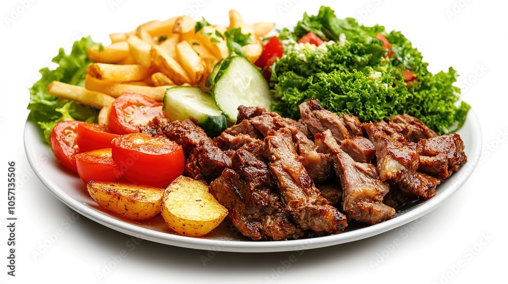 Doner kebab meat with pommes frites potatoes and salad on plate isolated on white background Doner kebab meat with pommes frites potatoes and salad on plate isolated on white background