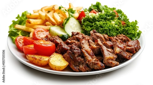 Doner kebab meat with pommes frites potatoes and salad on plate isolated on white background
