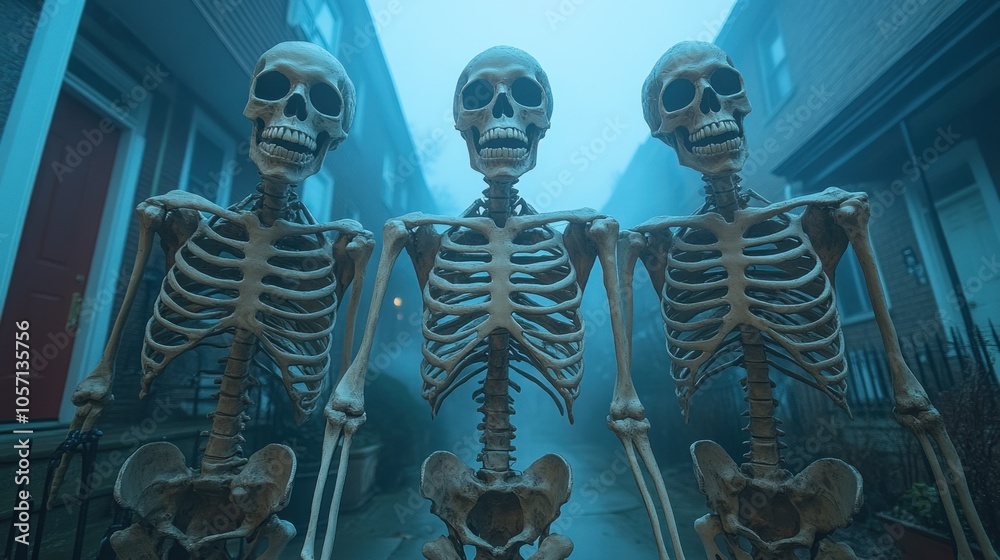 Three skeletons standing in a foggy street setting. Three skeletons standing in a foggy street setting.