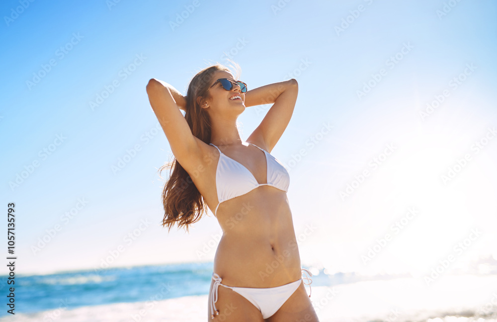 Beach, relax and happy woman stretching for holiday, summer vacation or travel outdoor with bikini. Freedom, smile and girl at sea with swimsuit, thinking or body pose for fashion on tropical island Beach, relax and happy woman stretching for holiday, summer vacation or travel outdoor with bikini. Freedom, smile and girl at sea with swimsuit, thinking or body pose for fashion on tropical island