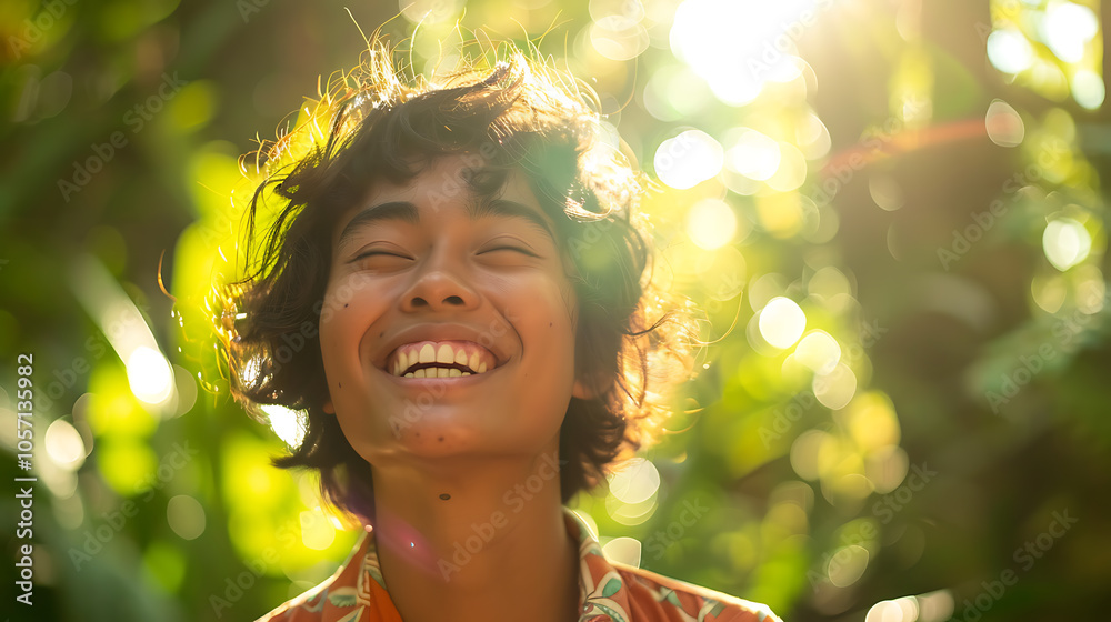 portrait photography, a cheerful image of a person laughing in a sunny park, their face glowing with sunlight, their smile glowing against a lush green backdrop portrait photography, a cheerful image of a person laughing in a sunny park, their face glowing with sunlight, their smile glowing against a lush green backdrop