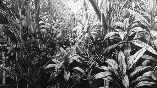 Wallpaper Mural botanical line drawings, detailed black and white line drawing of various jungle plants, capturing whole jungle in a realistic and fine-lined style Torontodigital.ca