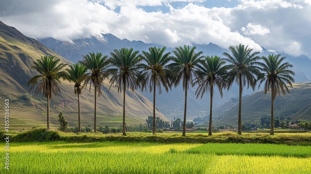 Palm trees lined up in a row, creating a picturesque rural scene in Peru. Palm trees lined up in a row, creating a picturesque rural scene in Peru.