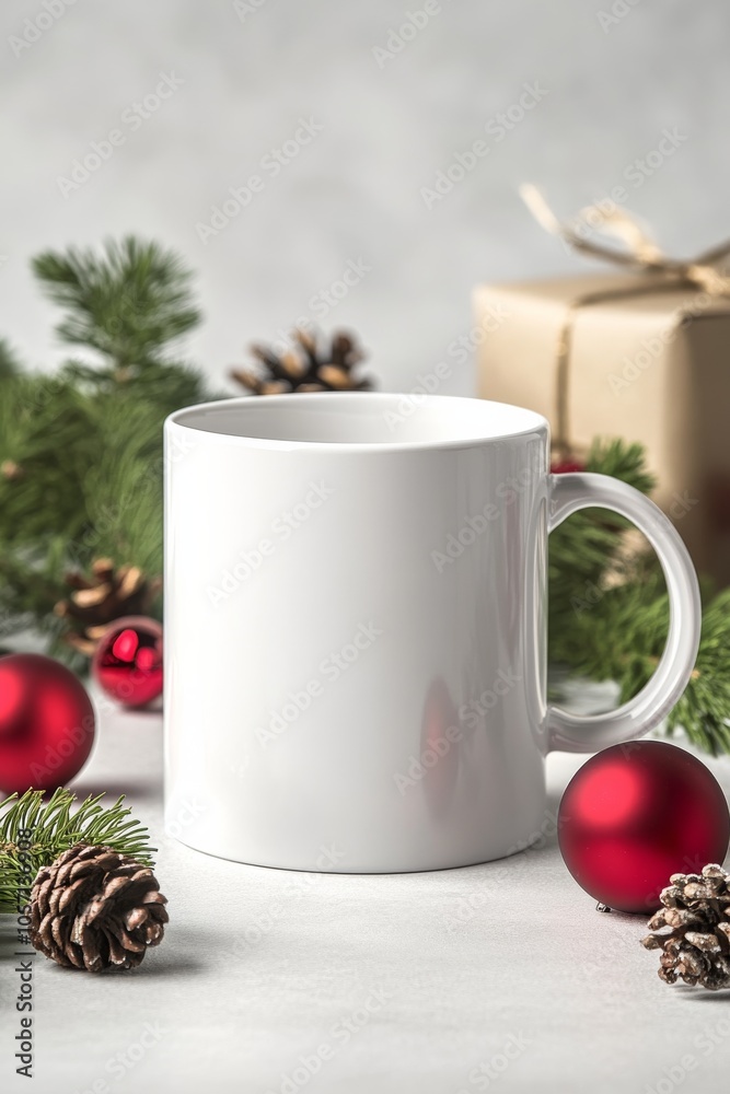 A simple blank white mug surrounded by red baubles and pine greenery evokes a minimalistic holiday theme, perfect for seasonal warmth and beverage enjoyment. A simple blank white mug surrounded by red baubles and pine greenery evokes a minimalistic holiday theme, perfect for seasonal warmth and beverage enjoyment.