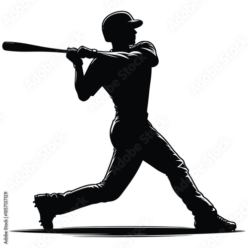 Silhouette of Classic Baseball Player Swinging Bat - Sport Action Pose Illustration