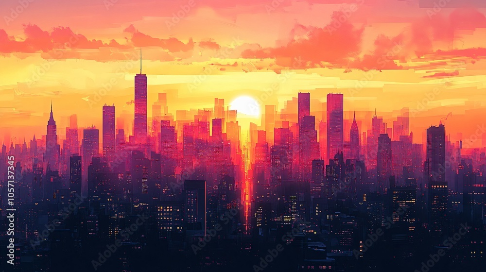 Fototapeta premium A bustling city skyline at sunset, with skyscrapers silhouetted against the orange and pink sky, capturing the energy of a metropolitan city