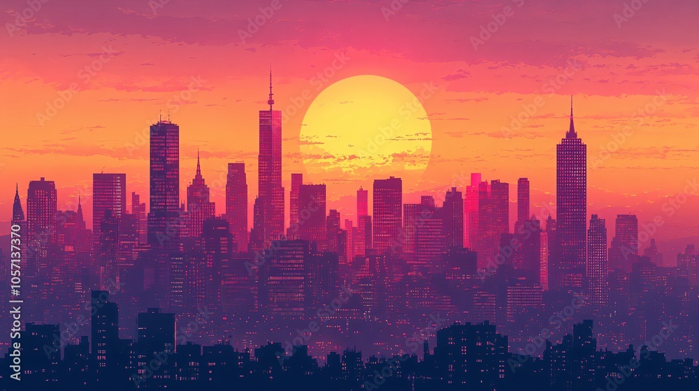 Fototapeta premium A bustling city skyline at sunset, with skyscrapers silhouetted against the orange and pink sky, capturing the energy of a metropolitan city