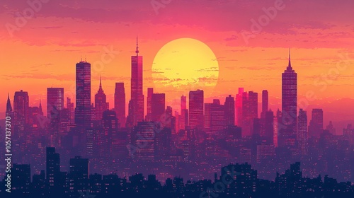 A bustling city skyline at sunset, with skyscrapers silhouetted against the orange and pink sky, capturing the energy of a metropolitan city