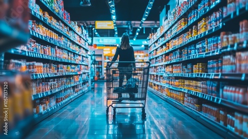 Woman with shopping cart in a brightly lit supermarket aisle photo