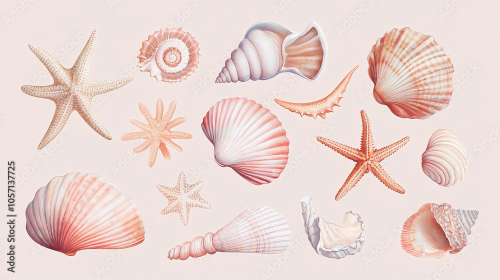Collection of Various Seashells and Starfish Illustrations Collection of Various Seashells and Starfish Illustrations