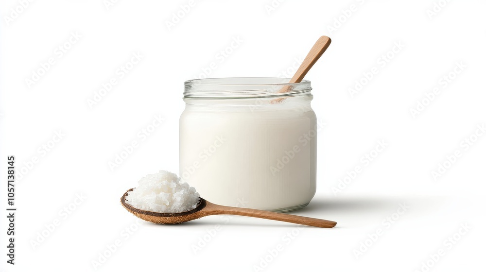 Natural coconut oil in jar with wooden spoon on white background for skincare and cooking Natural coconut oil in jar with wooden spoon on white background for skincare and cooking