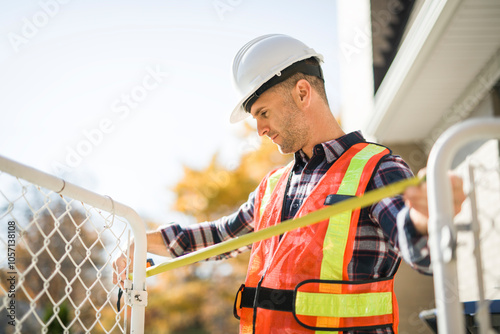 Safety fence at swimmimg pool with worker inspection men photo