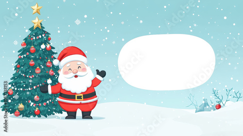 Santa Claus standing next to decorated Christmas tree in snow