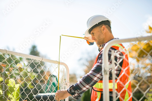 Safety fence at swimmimg pool with worker inspection men photo