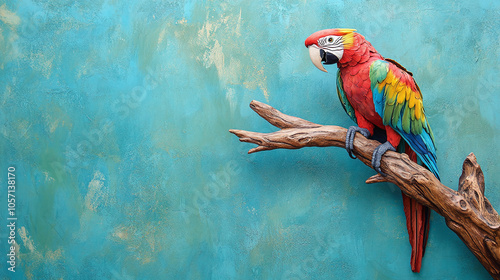 A colorful parrot statue perched on a tropical branch, on a vibrant turquoise background photo