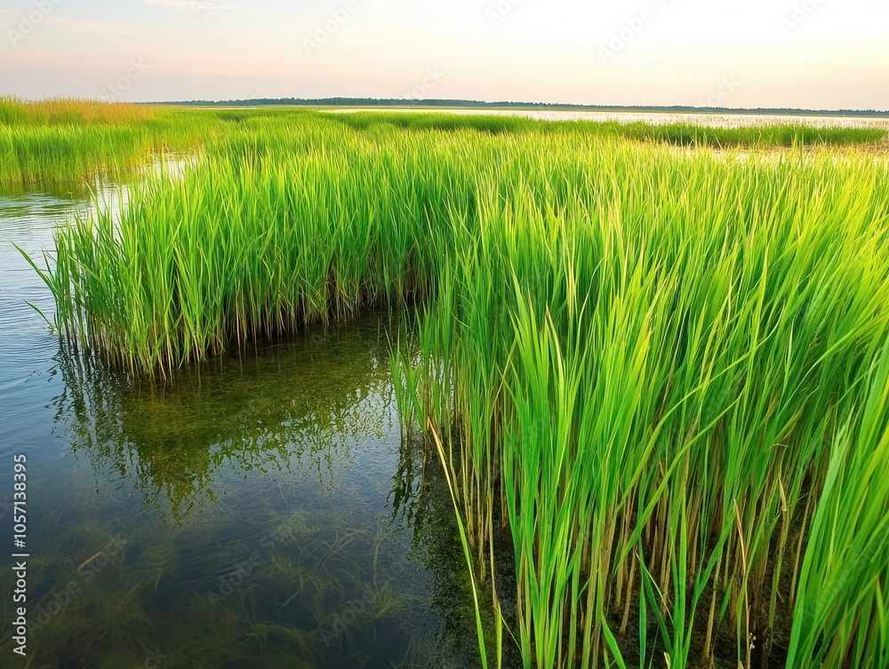 Obraz premium Lush green grasses thrive by a tranquil water body under a soft sky, capturing the beauty of wetlands in nature.