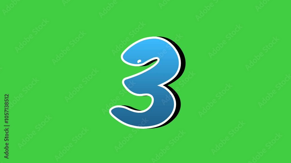 Number 3 three symbol sign animation motion graphics cartoon blue color on green screen background,the number reveal on smoke,for video number for video elements