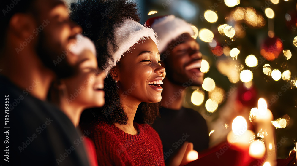 joyful family singing Christmas carols by tree, celebrating together joyful family singing Christmas carols by tree, celebrating together