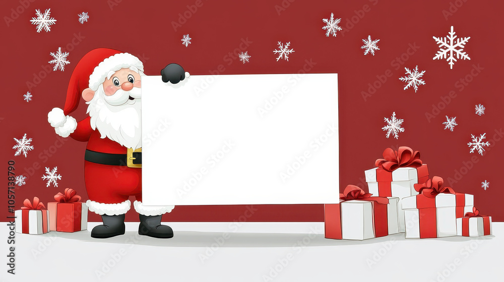 Playful Santa Claus holding blank sign with festive gifts around