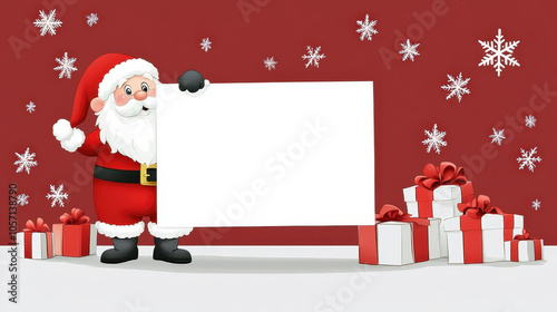 Playful Santa Claus holding blank sign with festive gifts around
