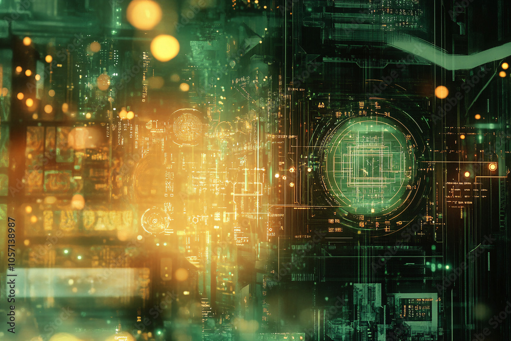 Fototapeta premium A futuristic digital interface in green and yellow tones with glowing circuit patterns and abstract elements evoking high-tech and sci-fi themes 