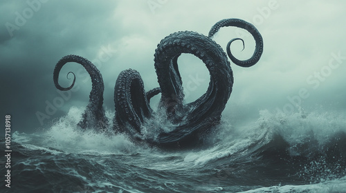 Wallpaper Mural A colossal sea monster rising from the depths, its enormous tentacles breaking the surface of a stormy ocean Torontodigital.ca