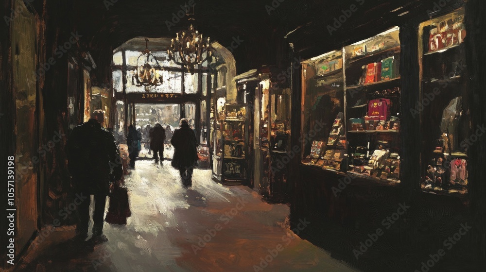 Naklejka premium A painting of a store with people walking in it