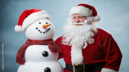 Santa Claus joyfully poses with cheerful snowman in winter