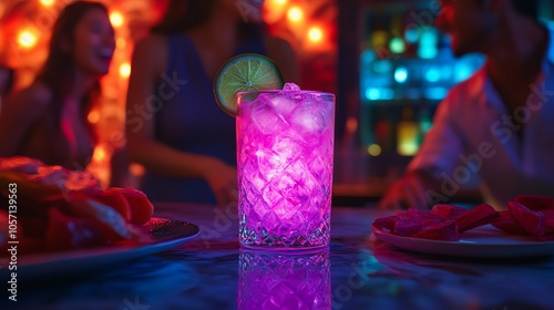 Colorful cocktail with ice and lime on a vibrant party background photo