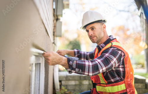 Man inspecting house window outside on day light