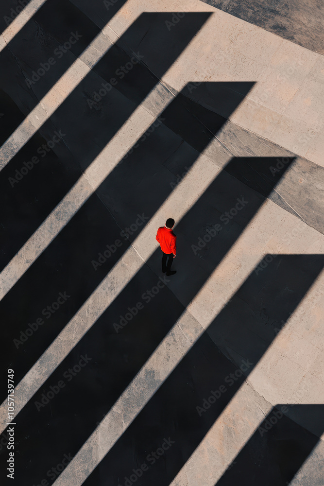 Obraz premium Solitary Figure in Bold Urban Geometry with Dramatic Shadow Play