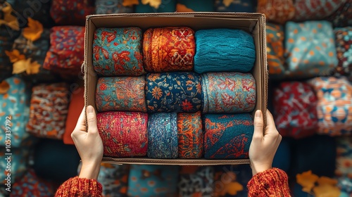 Colorful textile rolls in a box, hands holding, with warm autumn background. photo