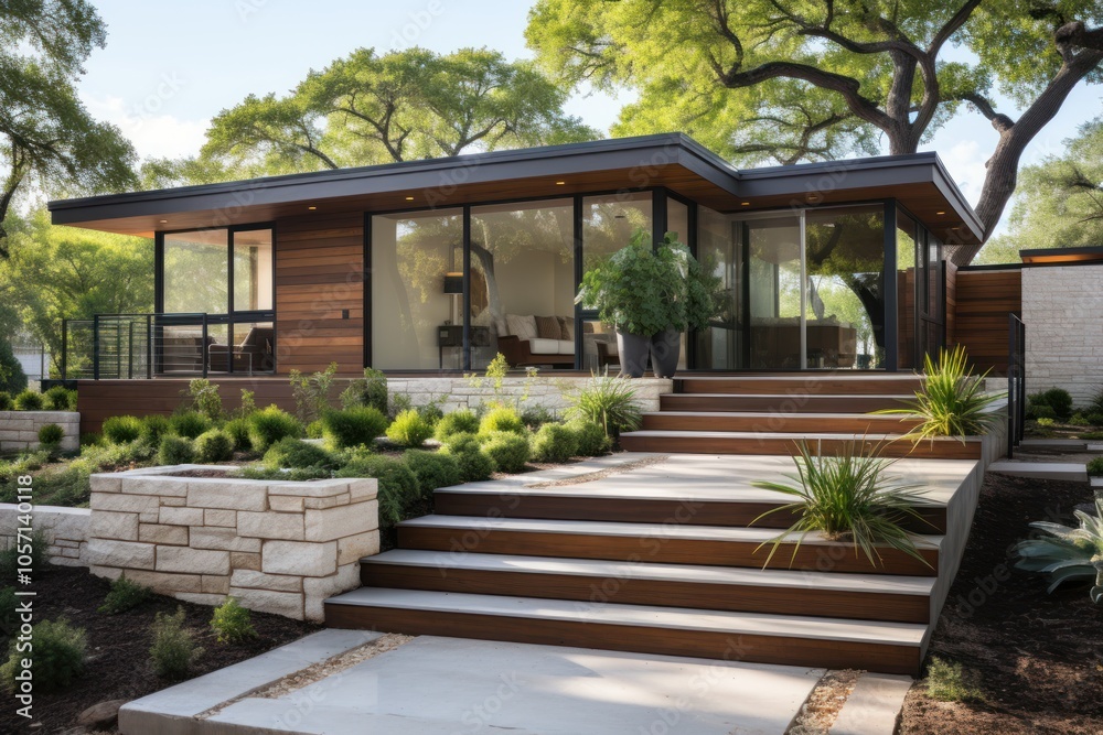 Fototapeta premium Modern home with large glass windows and landscaped steps leading to the entrance.