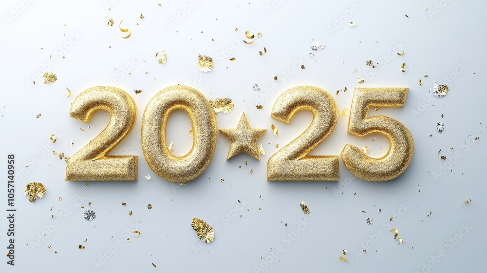 Sparkling Golden 2025 New Year Celebration with Glitter and Confetti on a Light Background Sparkling Golden 2025 New Year Celebration with Glitter and Confetti on a Light Background