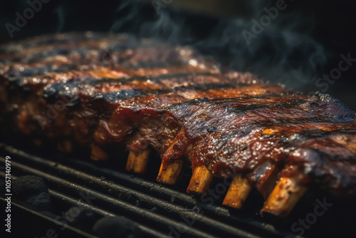 Grilled ribs with barbeque sauce, grey background, copy space, free space for text, AI generated.