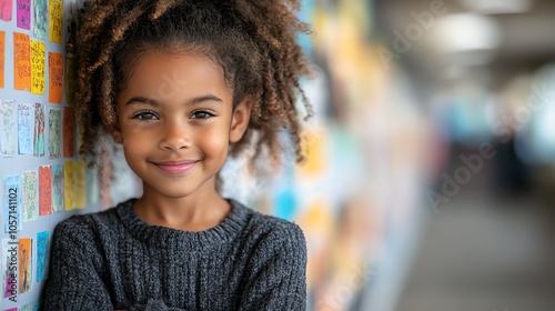 Happy girl smiling with curly hair, standing against a colorful wall.