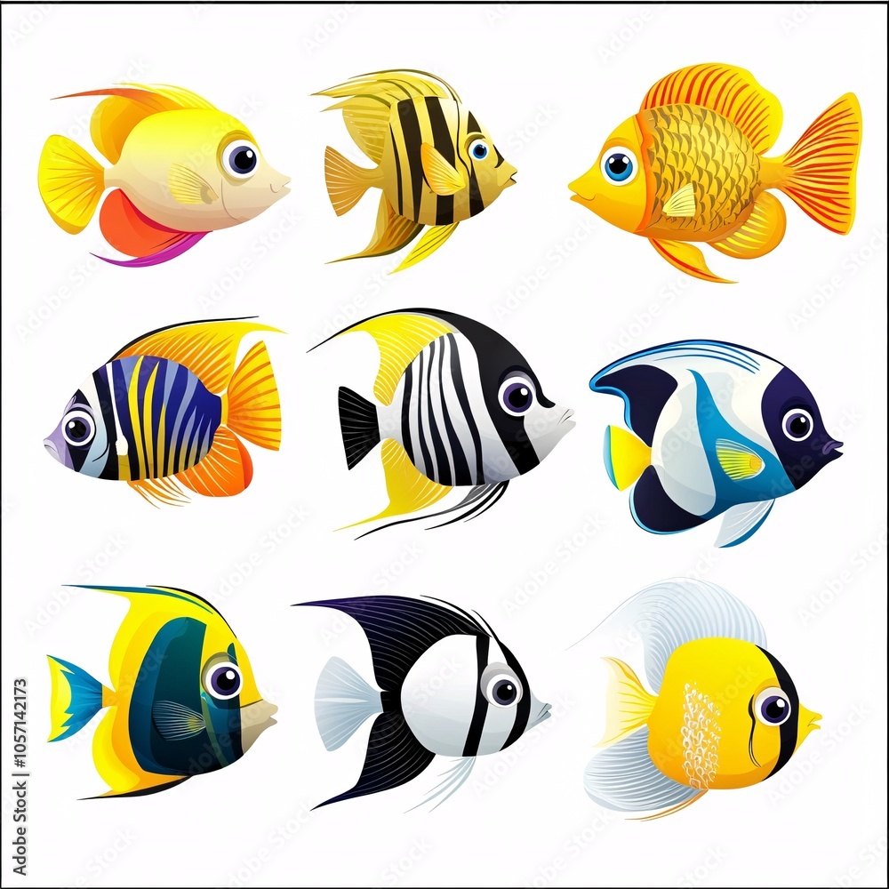Fototapeta premium Cute cartoon fish swimming, on a white background, flat vector graphic designs, simple lines, cute cartoon fish,