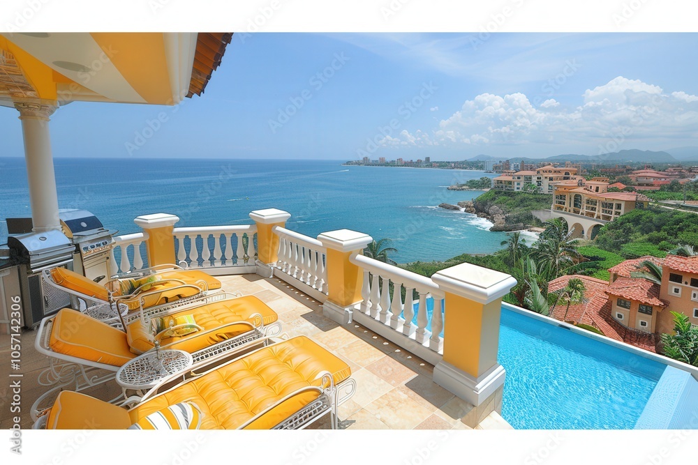 Fototapeta premium A beautiful view of the ocean from a balcony overlooking a pool