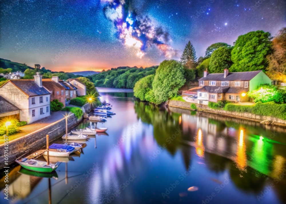 Fototapeta premium Night Photography of the River Dart in Dittisham, Devon - Serene Waterscape and Starry Sky