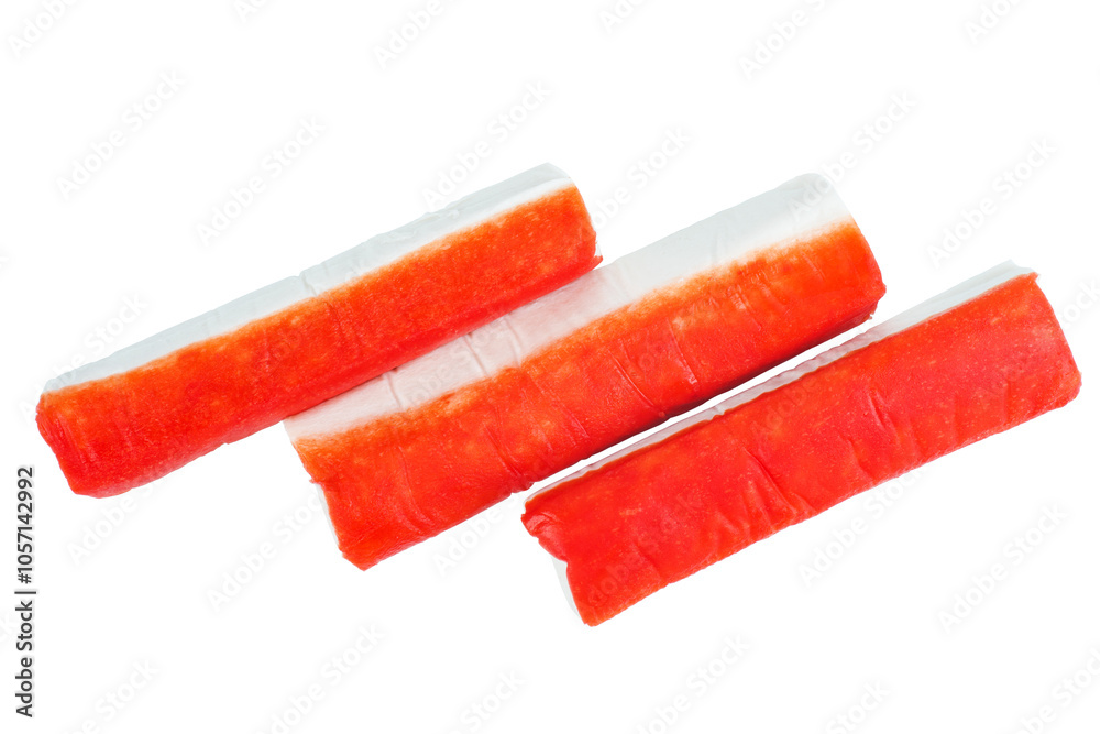 Some crab sticks isolated on a white background.Top view Some crab sticks isolated on a white background.Top view