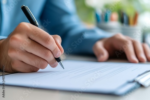 A person is writing on a sheet of paper with a pen, showcasing a focused moment of creativity or work in a well-lit workspace.