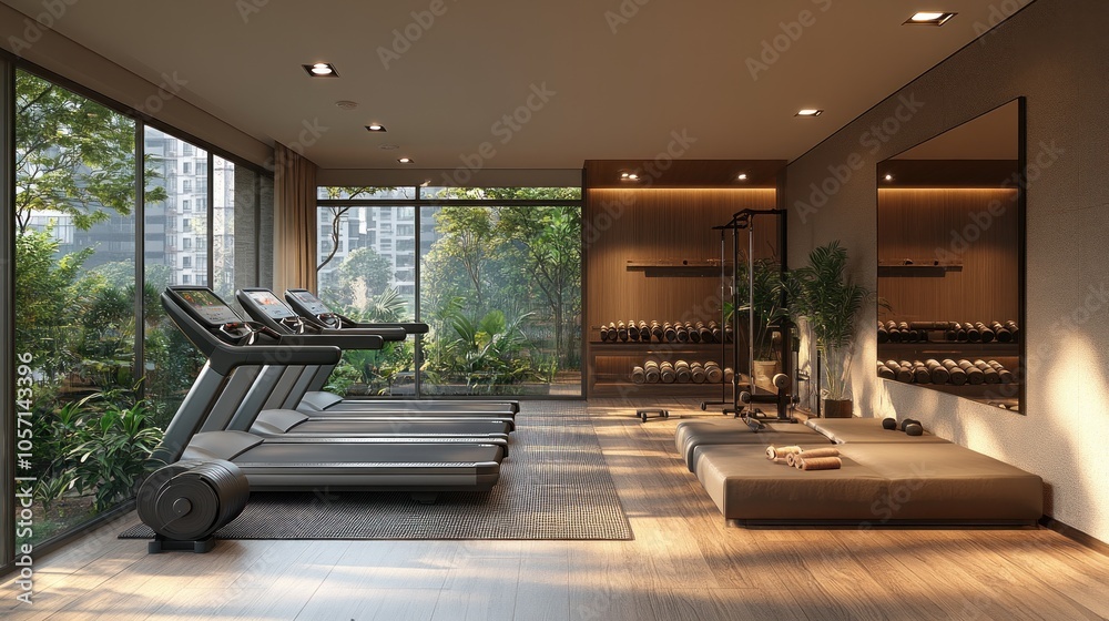 Modern gym interior with treadmills and weights in a serene setting. Modern gym interior with treadmills and weights in a serene setting.