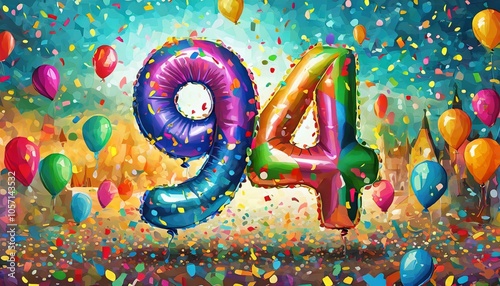 Birthday / anniversary balloon, number 94, colorful illustration with confetti and festive decoration