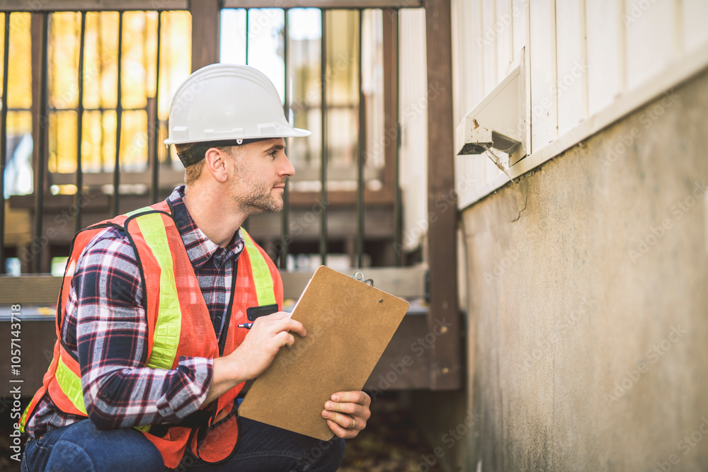 The inspector or engineer is checking the dryer evacuation structure and house. After the renovate is complete The inspector or engineer is checking the dryer evacuation structure and house. After the renovate is complete