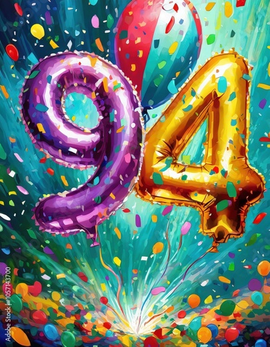 Birthday / anniversary balloon, number 94, colorful illustration with confetti and festive decoration