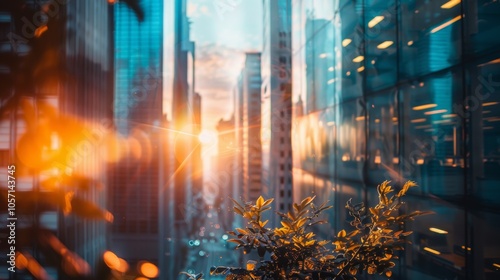 Sunset view of a city skyline with reflections on glass buildings photo