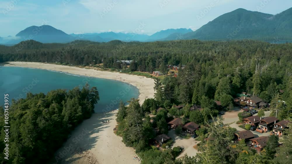 aerial shot going forward flying over mackenzie beach in Tofino and revealing cabins near the ocean on a sunny day during summer on Vancouver Island in British Columbia, Canada aerial shot going forward flying over mackenzie beach in Tofino and revealing cabins near the ocean on a sunny day during summer on Vancouver Island in British Columbia, Canada